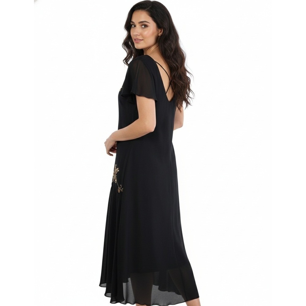 SL Fashions Black Chiffon Beaded V Neck Cap Sleeve Midi Dress Size 14 Vintage